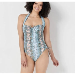 Sun Kitten Womens Housewife One Piece Swimsuit Blue Snake Halter‎ Plus XXL New